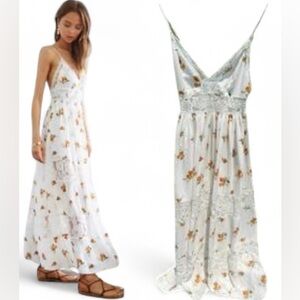 Forever 21 Floral Lace Crochet V-Neck Maxi Dress SzS Boho Cottage Core